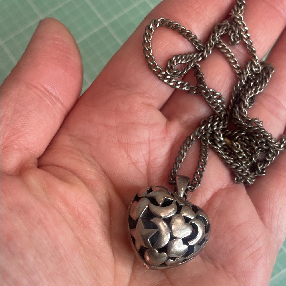 Vintage Sterling Silver Heart Star and moon cut Mobb  Pendant Necklace.26”